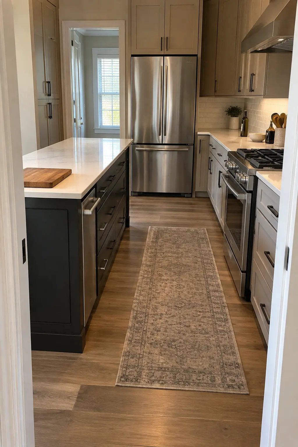 Narrow charcoal kitchen island with drawers and a clear quartz worktop