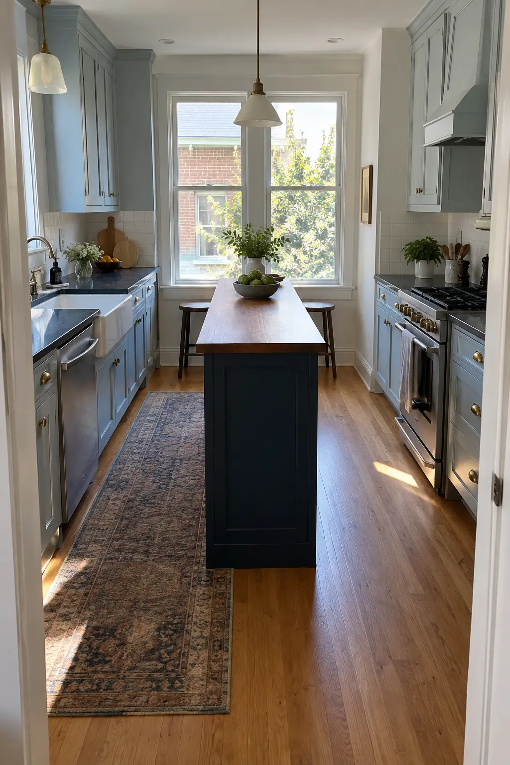 Narrow blue kitchen island with two stools placed at the far end