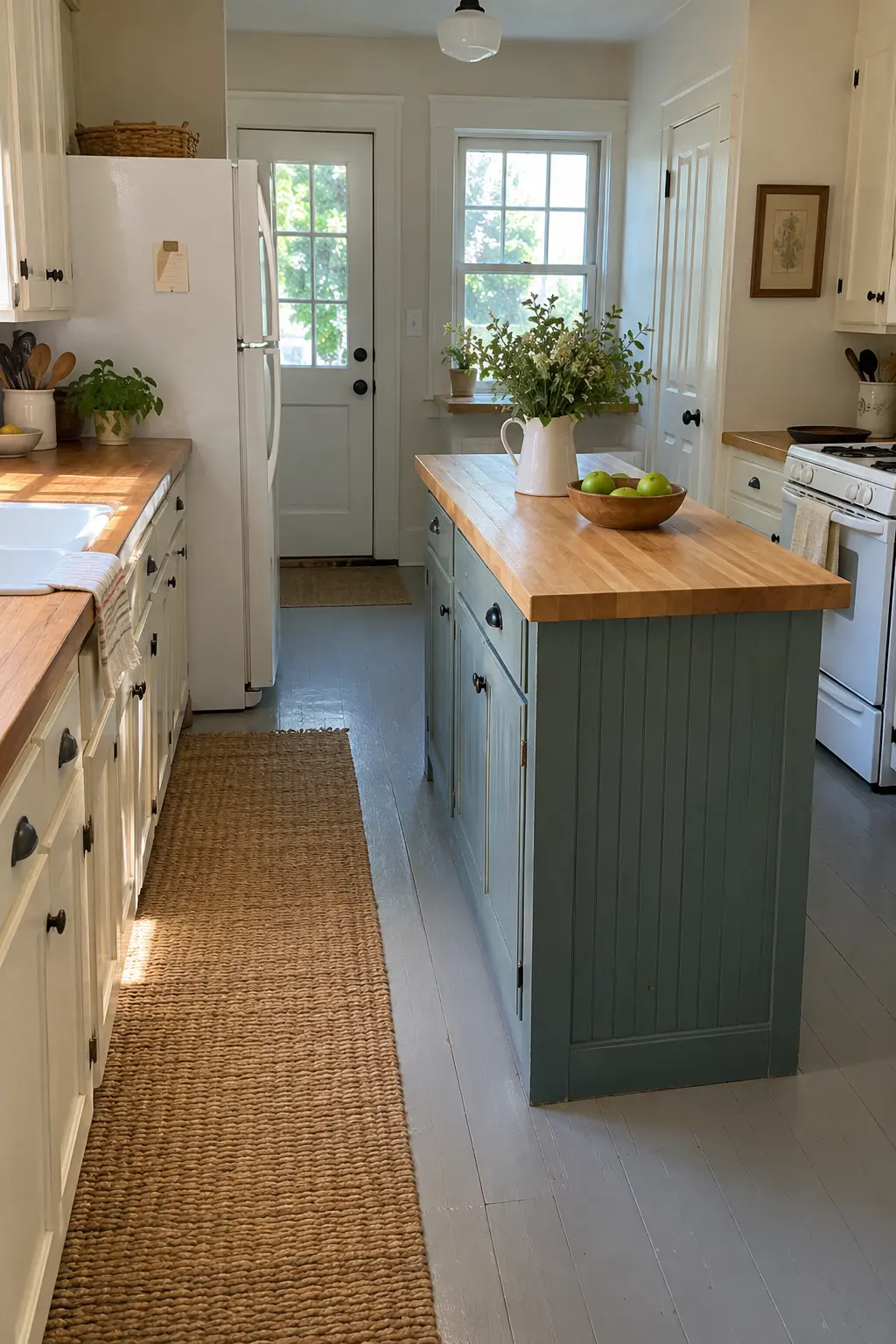 Budget cottage kitchen makeover with a teal beadboard island