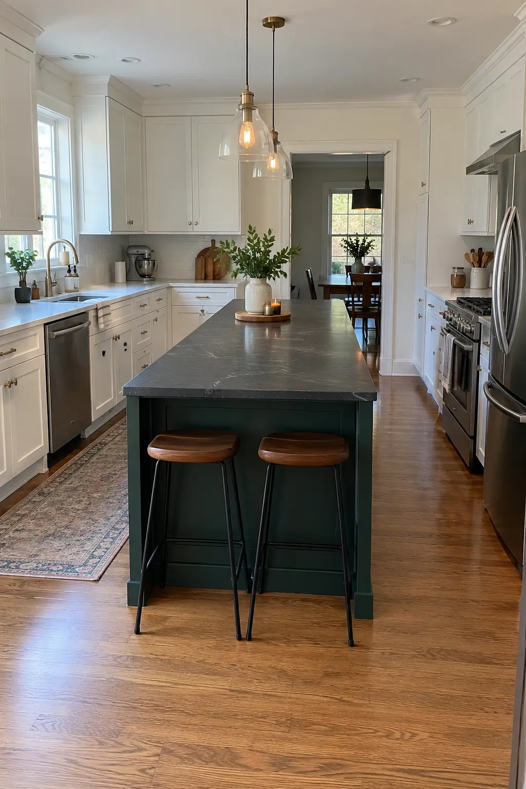 Long green kitchen island with one continuous counter-height surface
