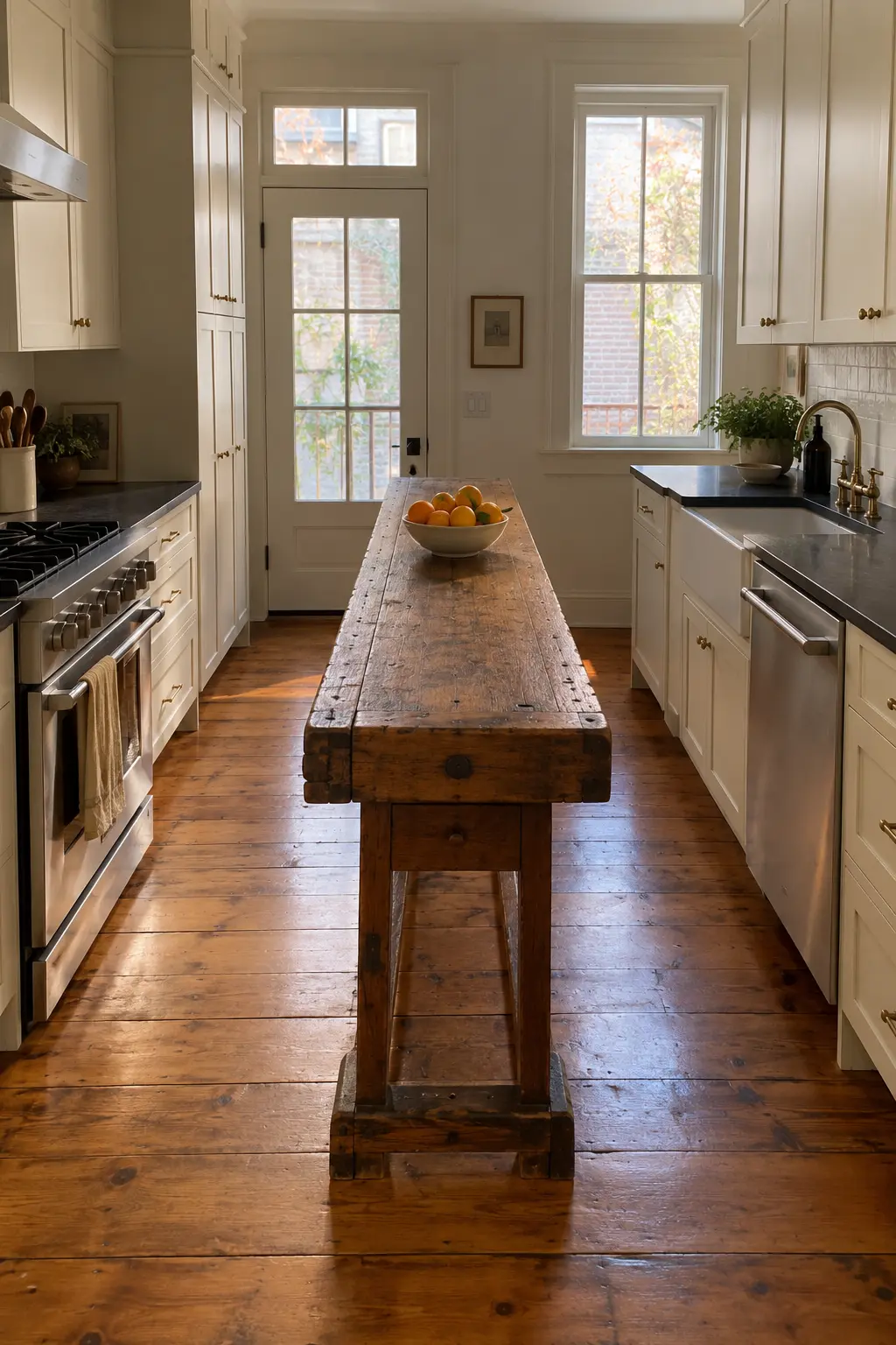 Renovated rowhouse kitchen with a narrow vintage workbench island