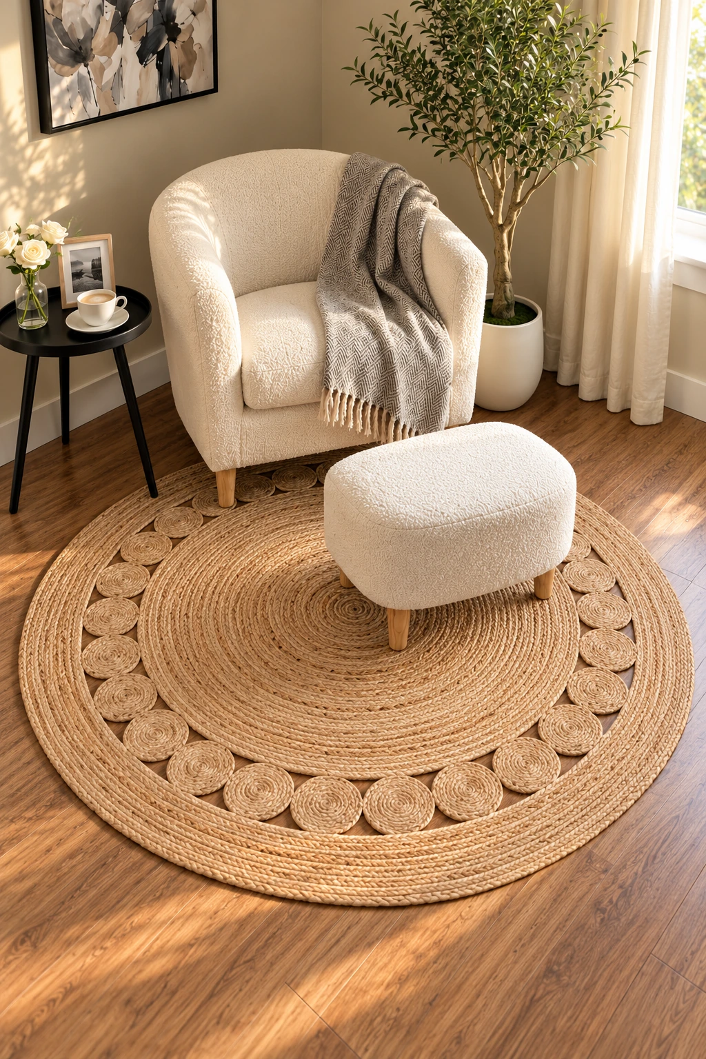 A round natural braided jute rug with an openwork border beneath an ivory chair and ottoman.