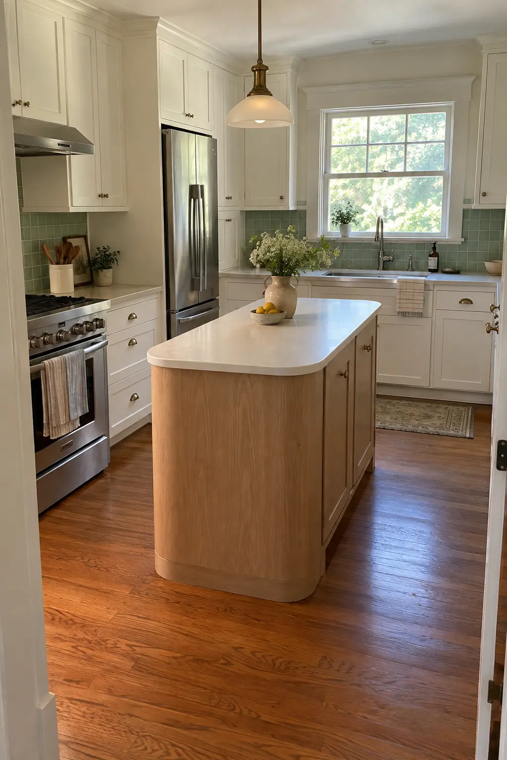 Light oak narrow kitchen island with softly rounded corners
