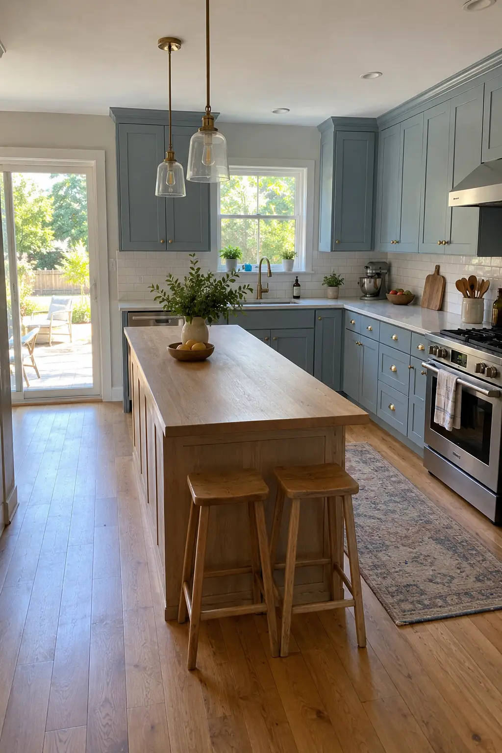 Blue L-shaped kitchen with a narrow oak island parallel to the long run