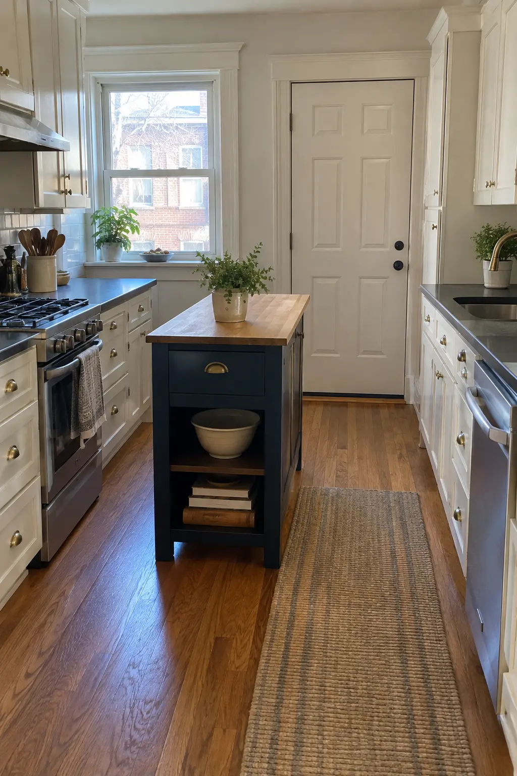 Narrow rowhouse kitchen with a short blue island positioned away from the door
