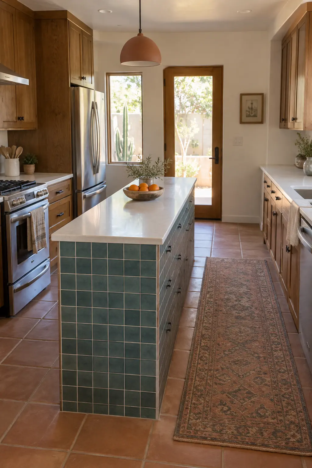 Southwestern narrow kitchen with a blue green tile-clad island