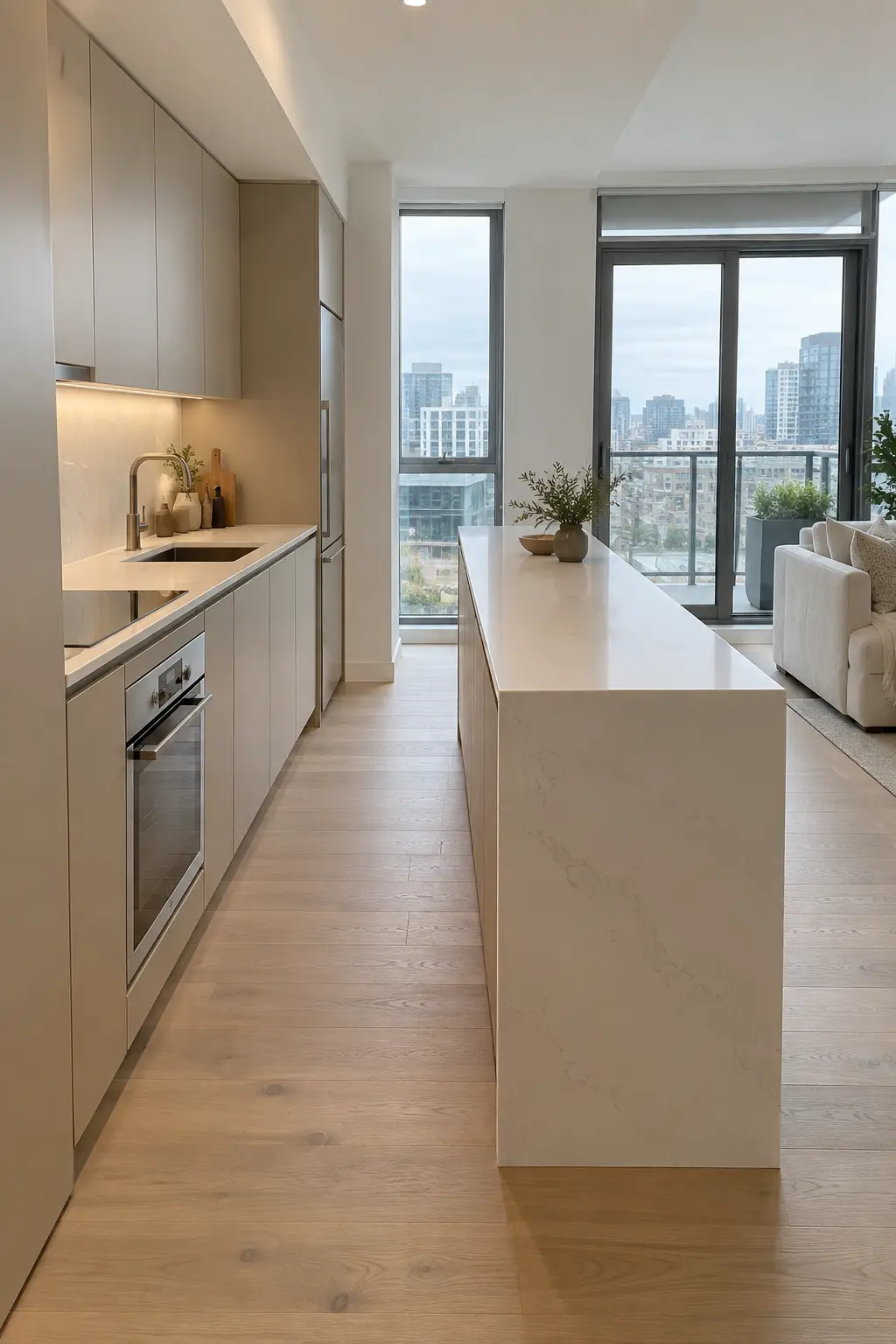 Modern condo kitchen with a long slim white waterfall island