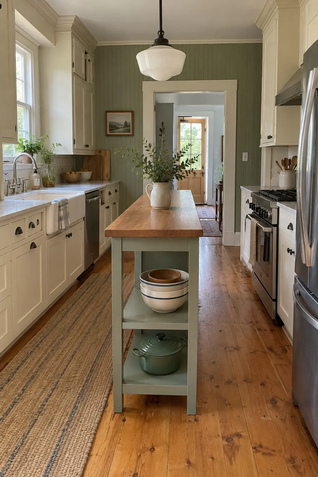 Narrow cottage kitchen with a sage green open-shelf island