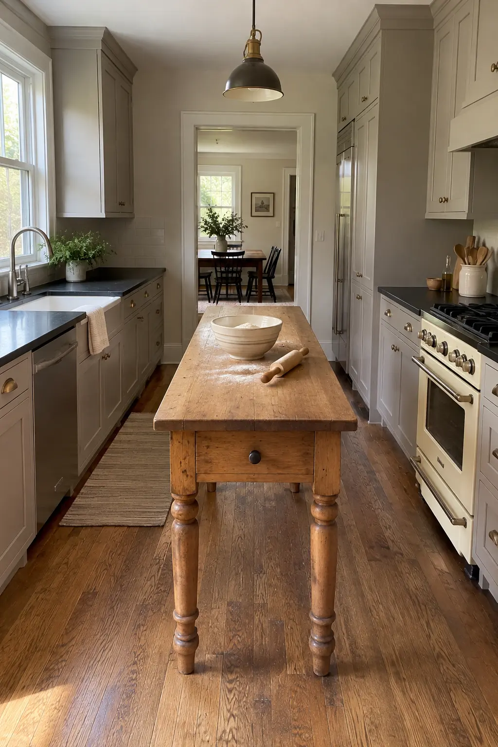 Narrow traditional kitchen with a freestanding maple worktable island