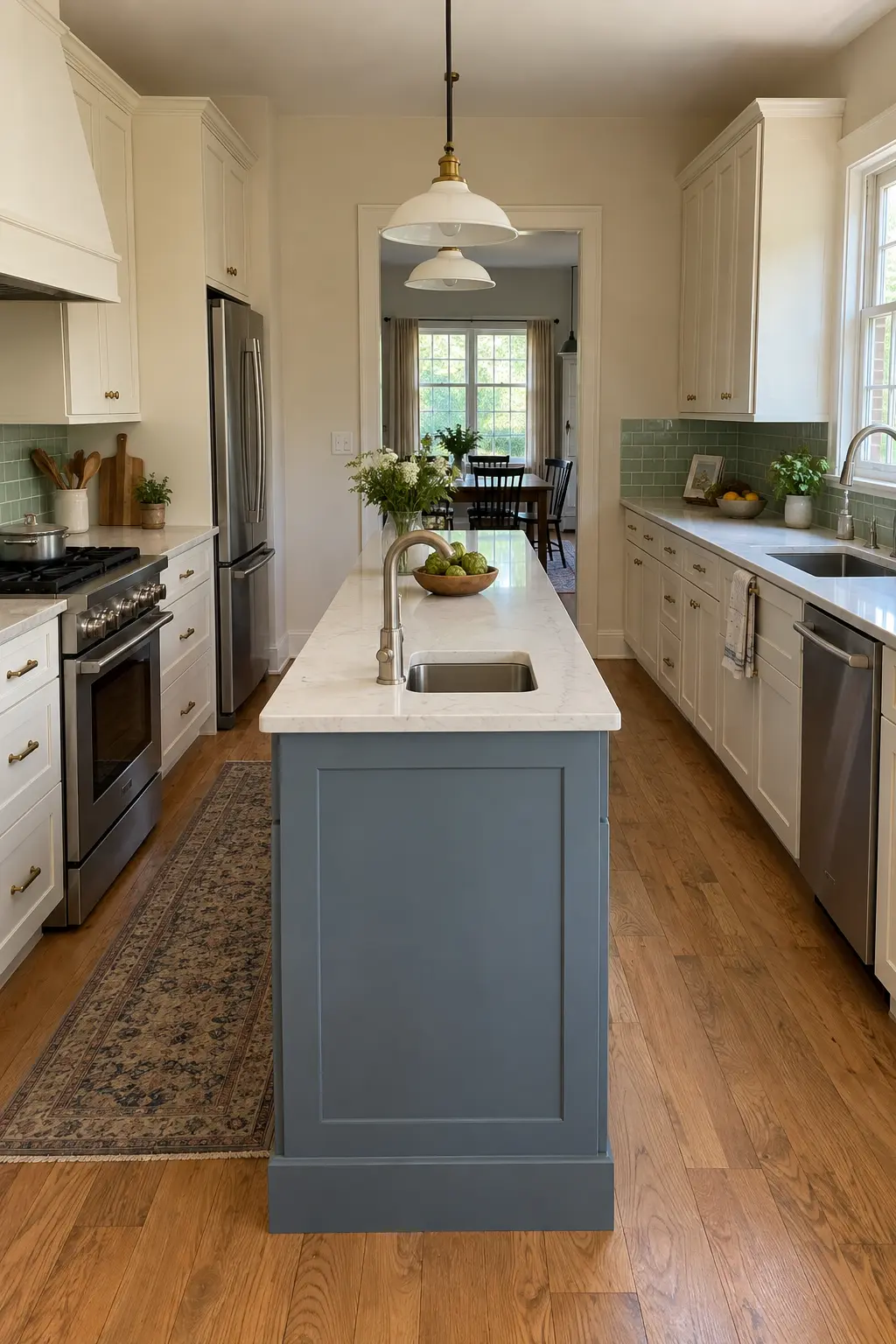 Narrow blue kitchen island with a compact prep sink and long work surface