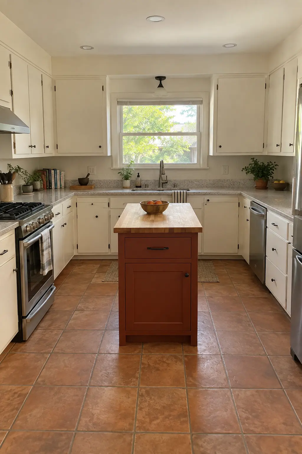 U-shaped cream kitchen with a compact rust red center island