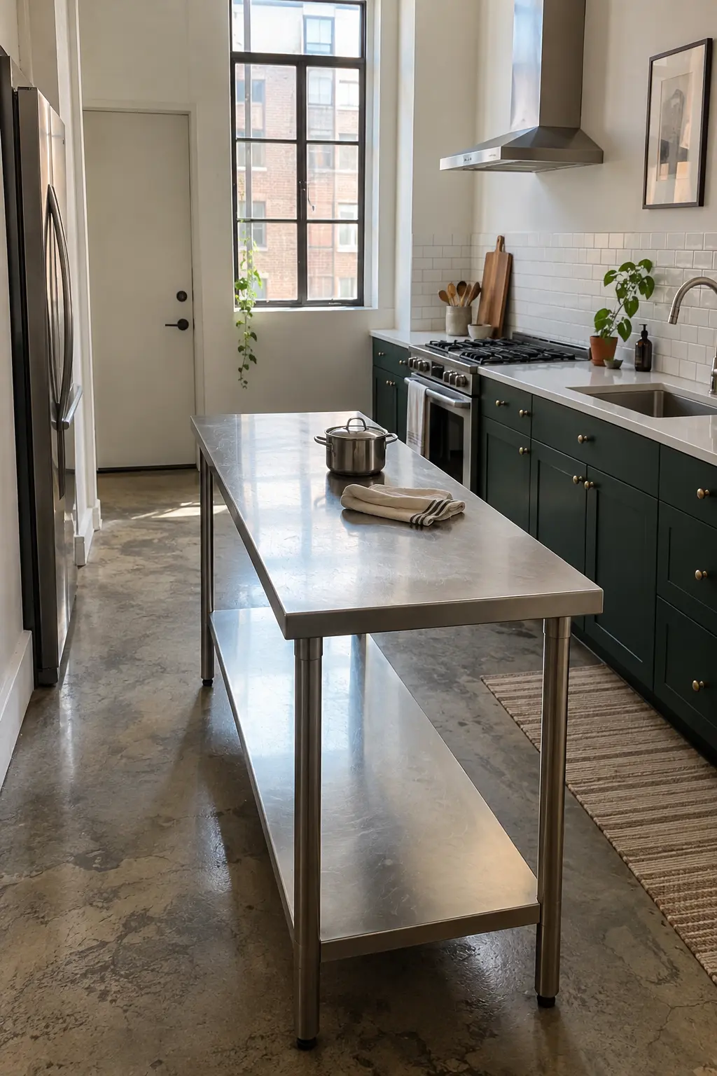 Urban narrow kitchen with a freestanding stainless steel worktable island