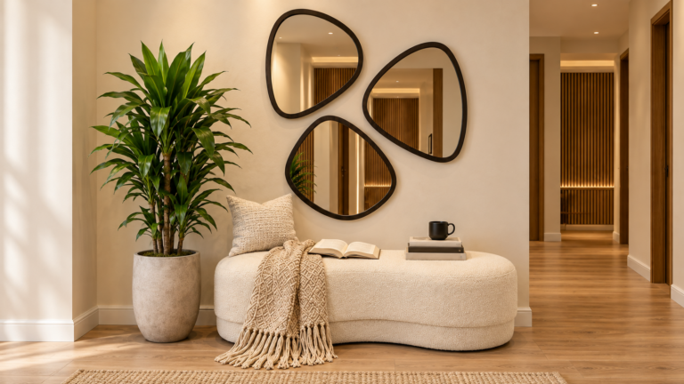 How to Create a Cozy Entryway Nook with Mirrors and a Curved Bench