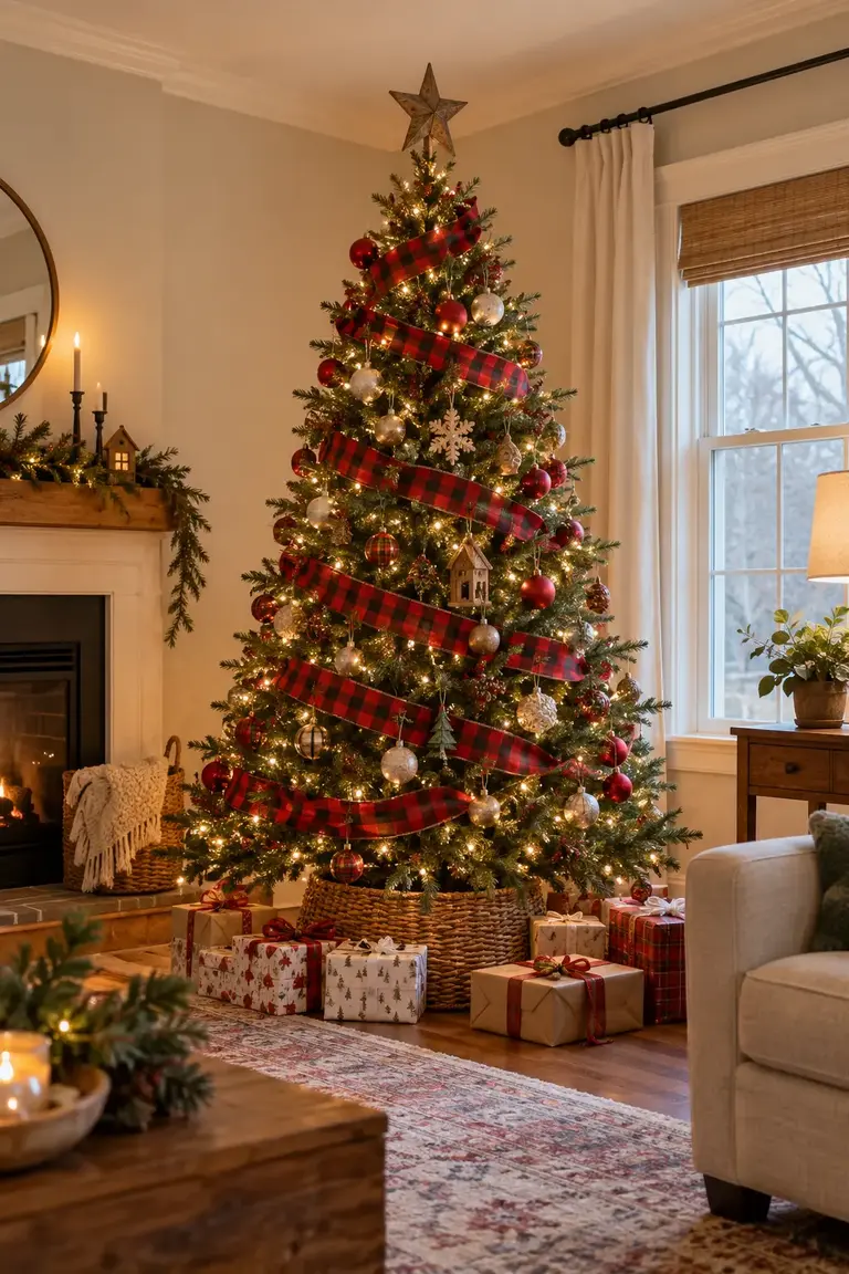 Red-and-black buffalo check ribbon woven through a decorated Christmas tree in a warm living room