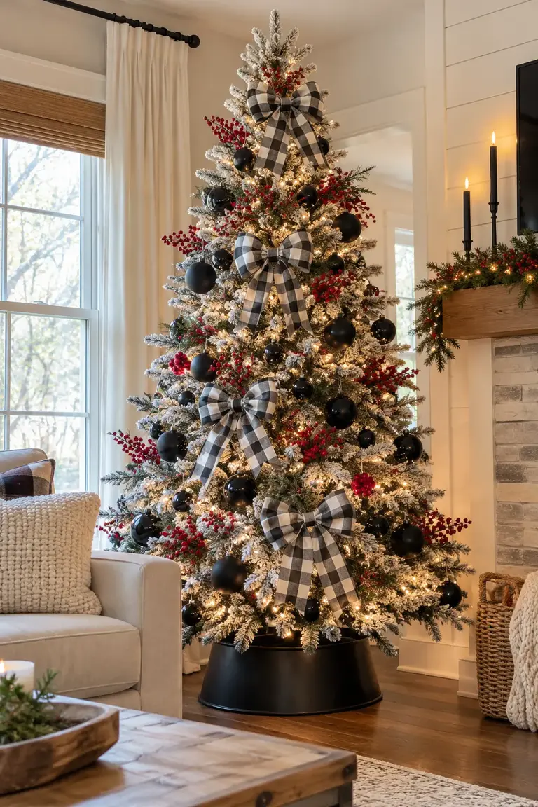Flocked Christmas tree with black-and-white buffalo check bows and red berry accents