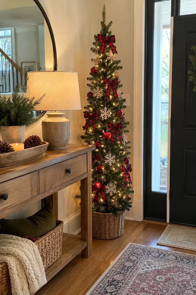 Slim entryway Christmas tree with buffalo check bows, red bells, and a basket base