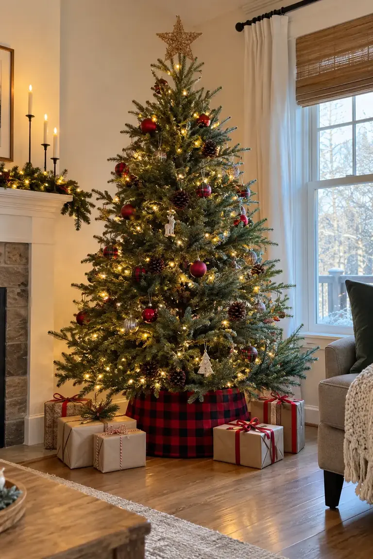 Christmas tree base finished with a red-and-black buffalo check fabric-wrapped collar