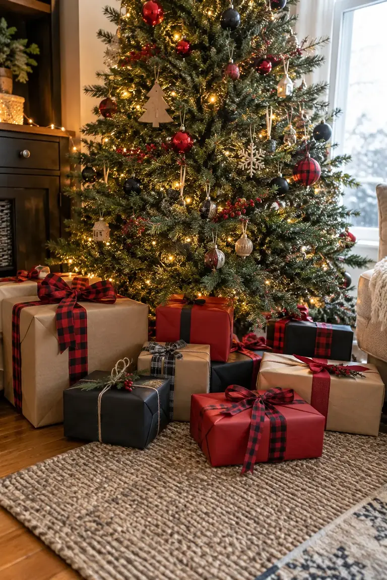 Christmas gifts wrapped in kraft, red, and black paper with buffalo check ribbon