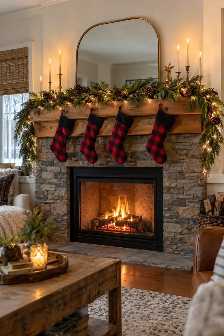 Fireplace mantel with red-and-black buffalo check stockings and evergreen garland