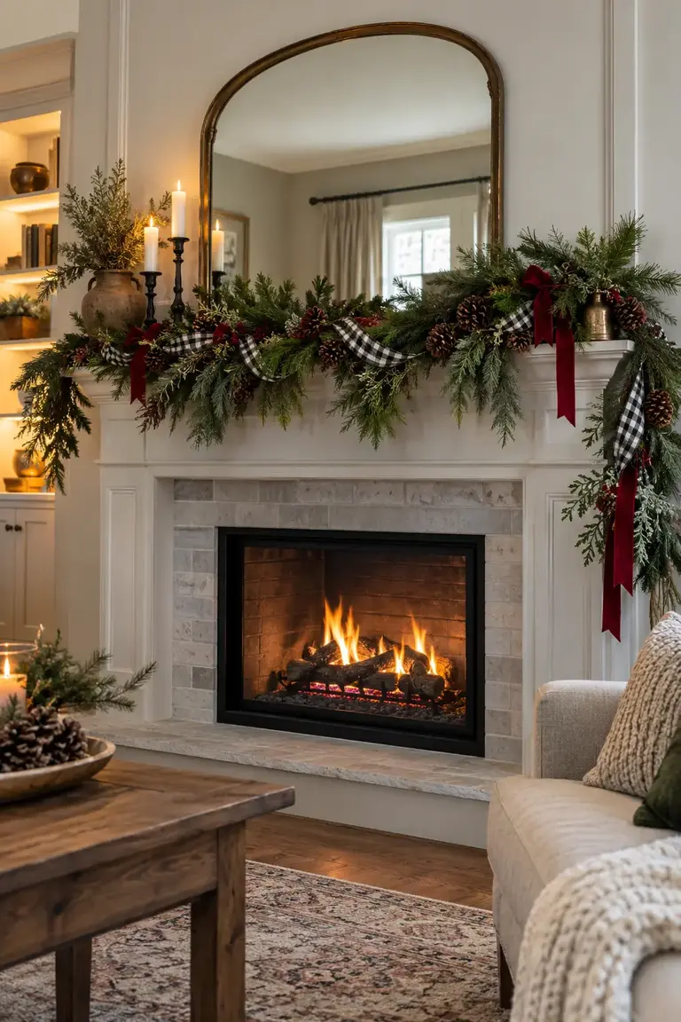 Evergreen Christmas mantel layered with black-and-white check ribbon and red velvet bows