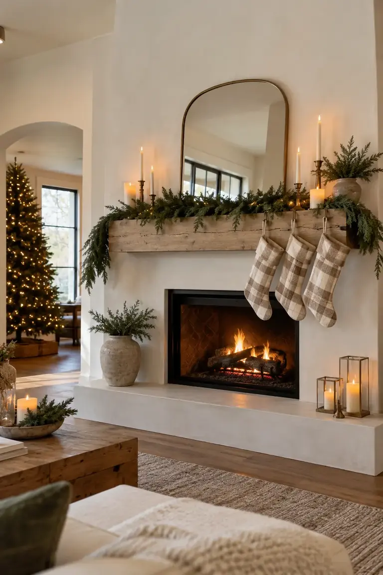 Modern neutral Christmas mantel with cream-and-tan buffalo check stockings