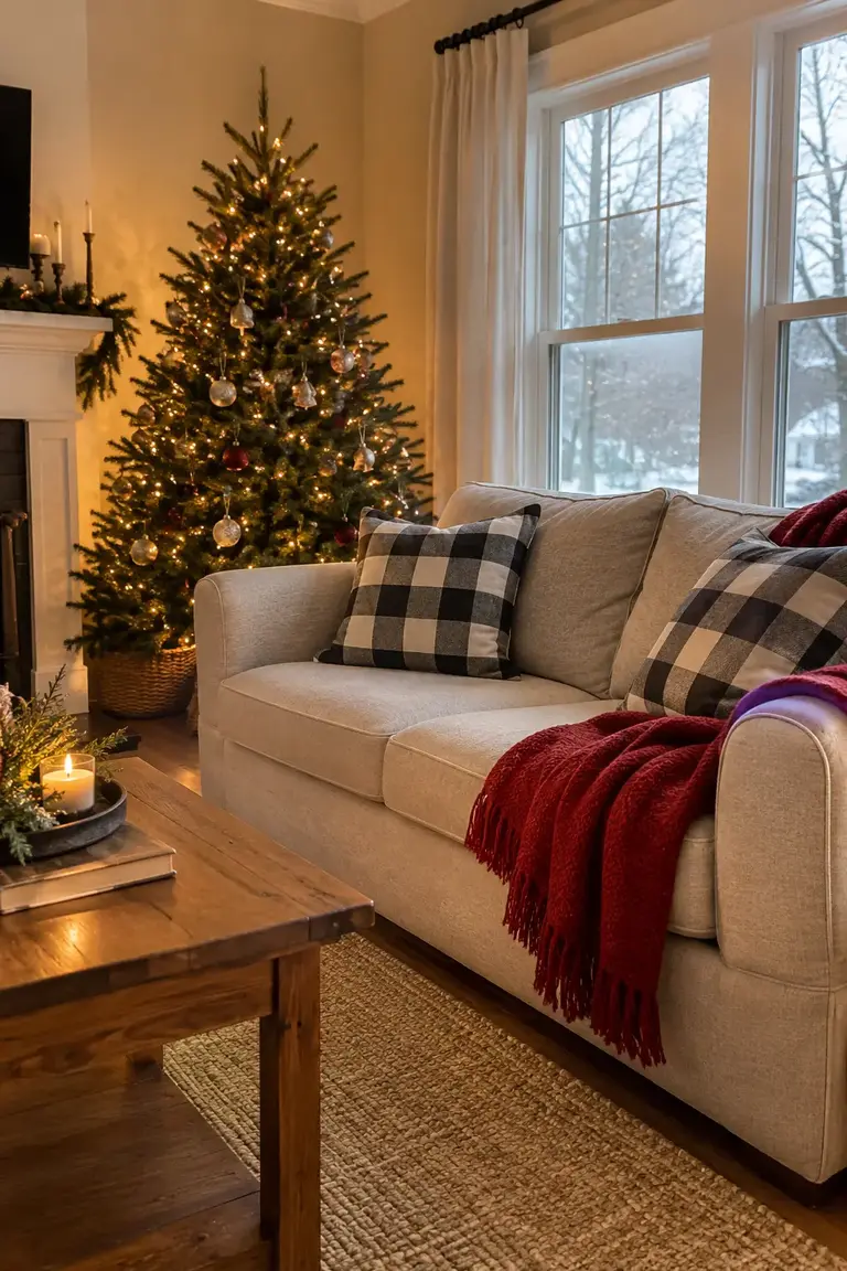 Neutral living-room sofa with buffalo check pillows and a red holiday throw