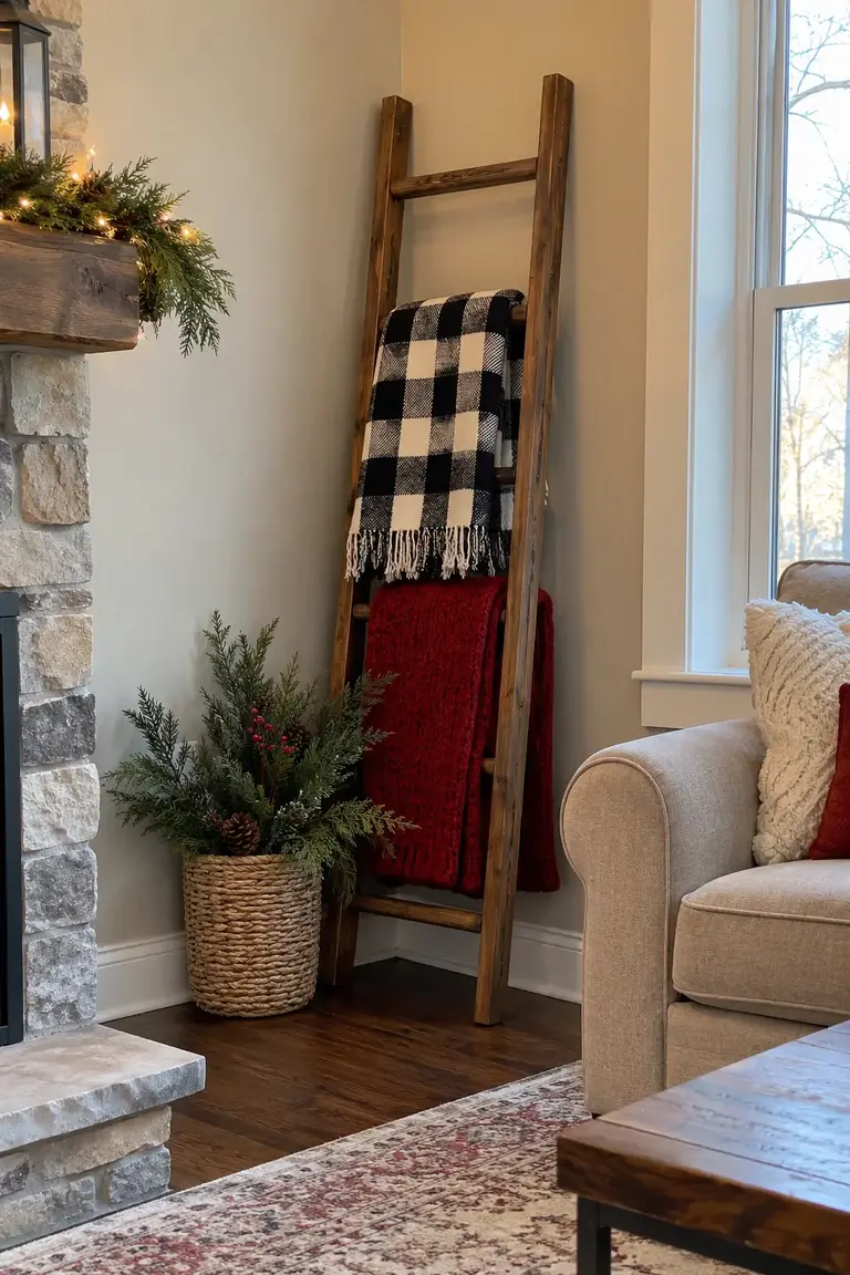 Wood blanket ladder styled with black-and-white buffalo check and red throws