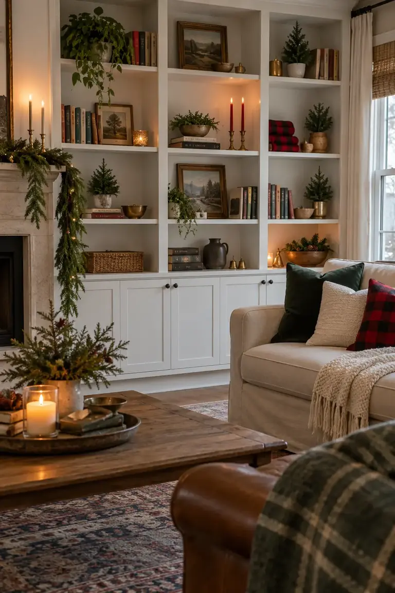 Built-in bookshelves styled with restrained buffalo check Christmas accents