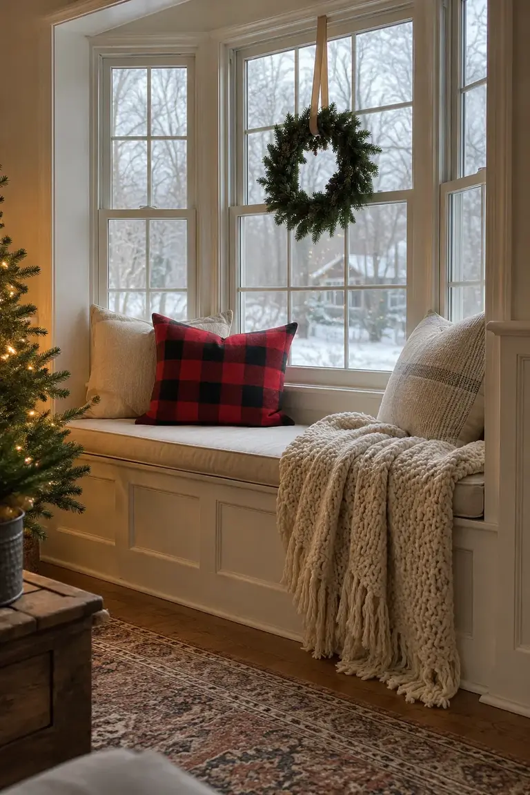 Christmas window seat with a buffalo check cushion, neutral pillows, and a small wreath