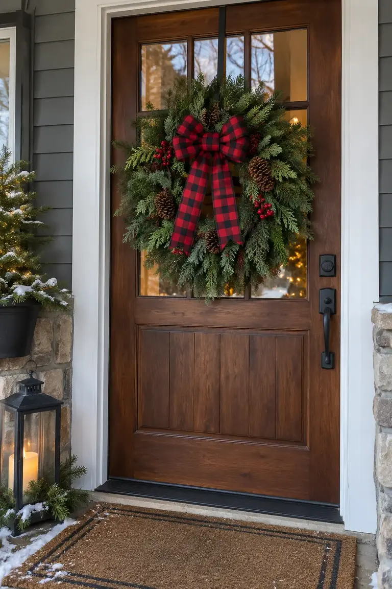 Front-door evergreen wreath finished with an oversized buffalo check bow