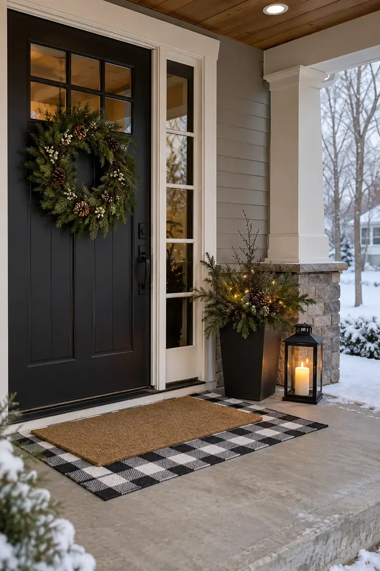 Covered porch with a buffalo check rug layered under a plain coir doormat