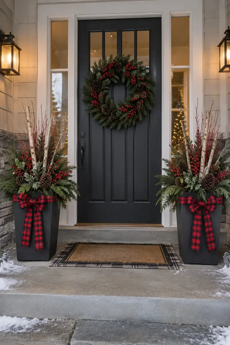 Pair of Christmas porch planters with evergreen branches and buffalo check bows