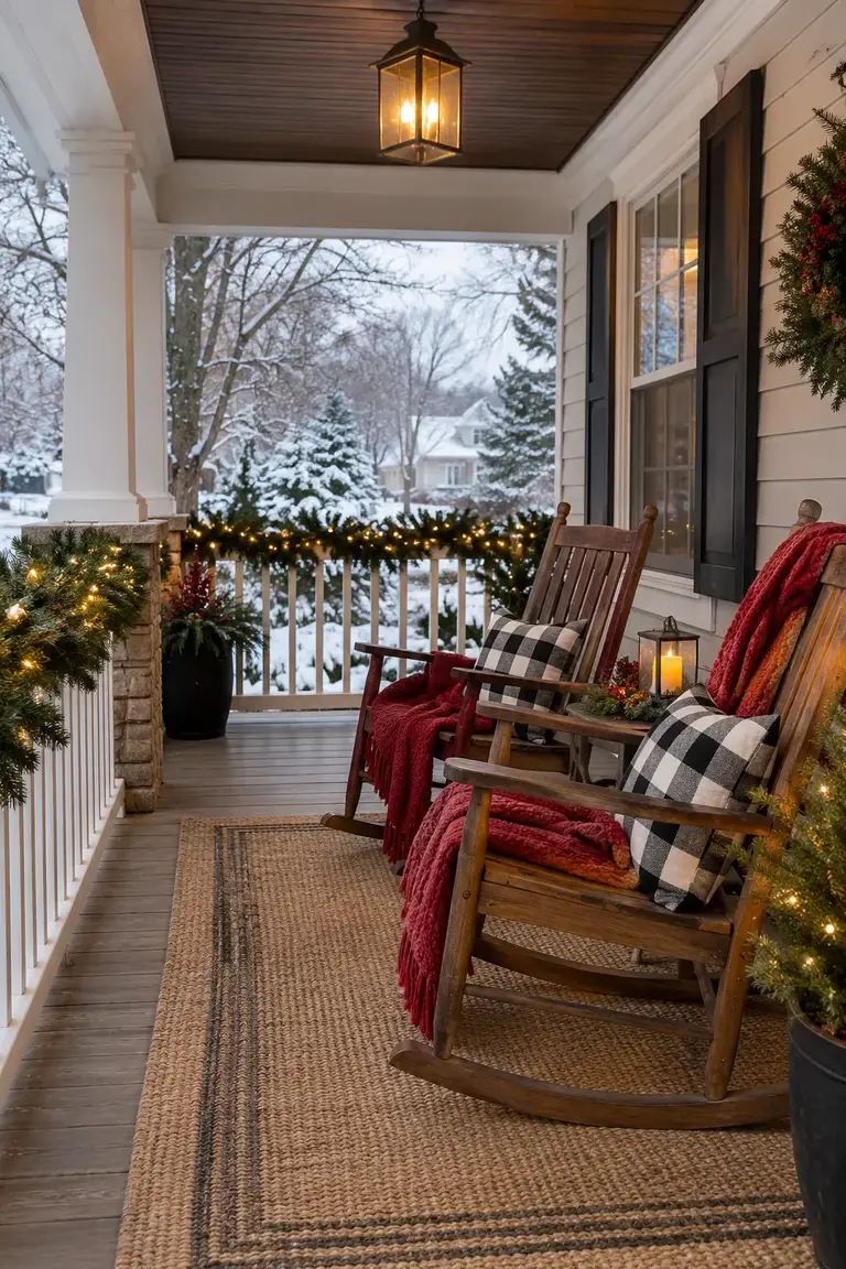 Covered Christmas porch with rocking chairs, buffalo check pillows, and red throws