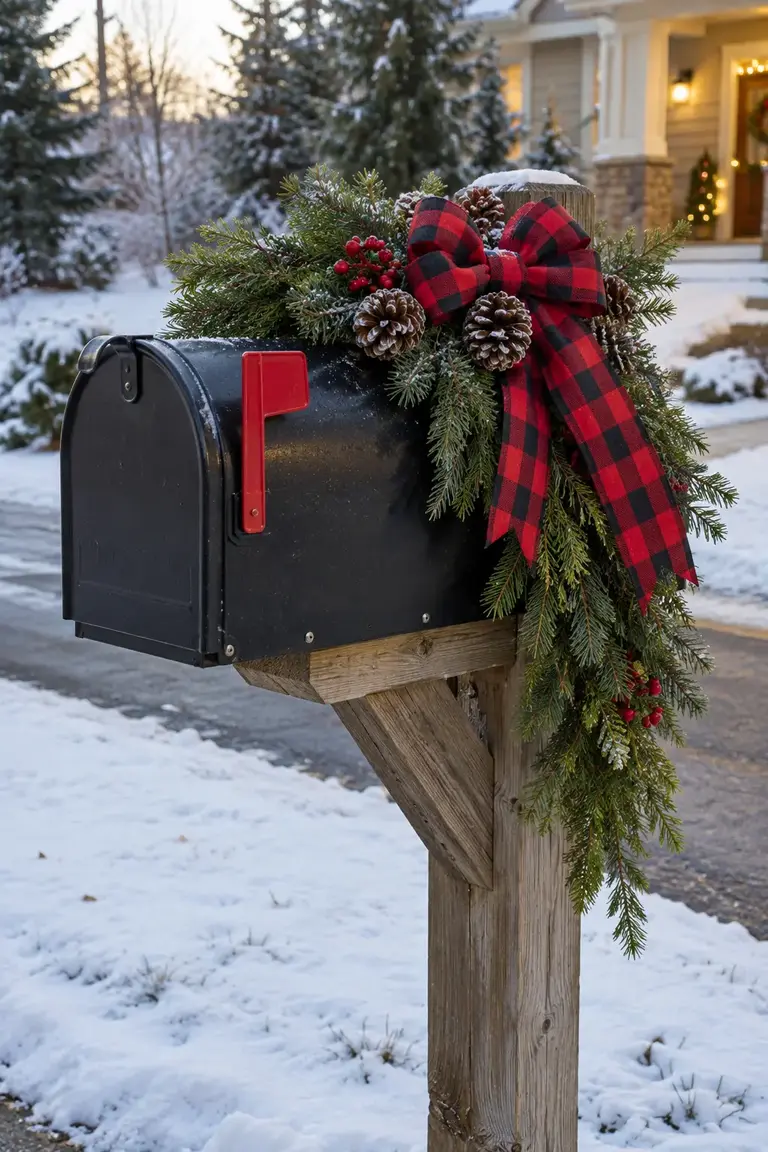 Curbside mailbox decorated with evergreen swag and a red-and-black buffalo check bow