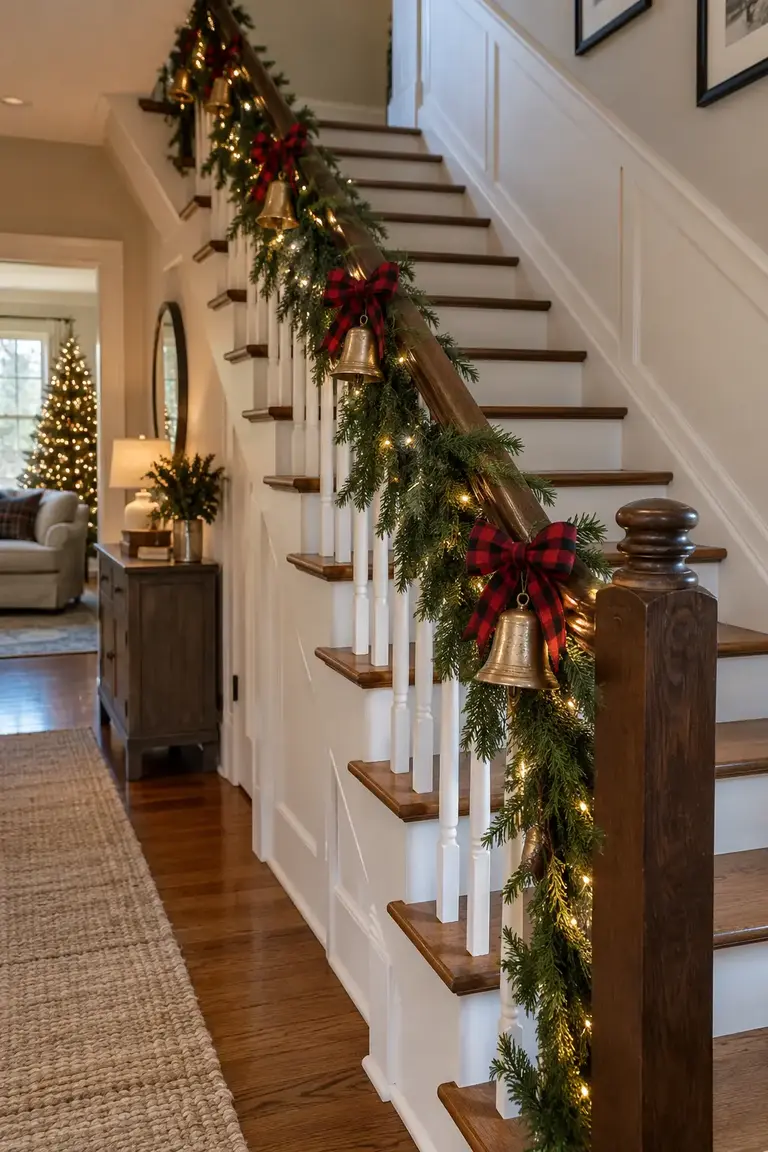 Indoor staircase with evergreen garland, buffalo check bows, and brass bells