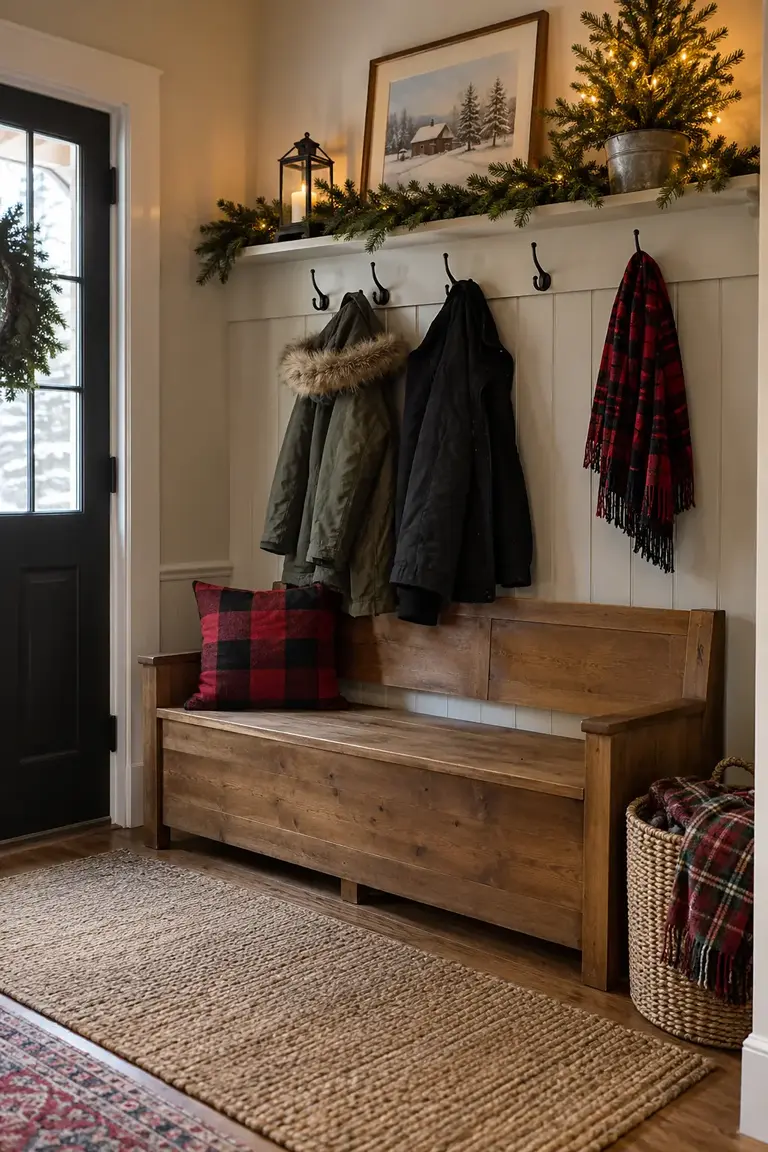 Functional entry bench styled with a buffalo check pillow, scarf, and small Christmas tree