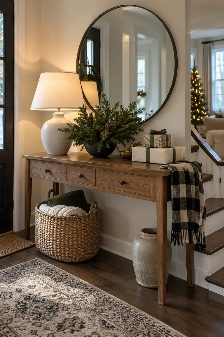 Entry console with a folded buffalo check runner, greenery, and wrapped boxes