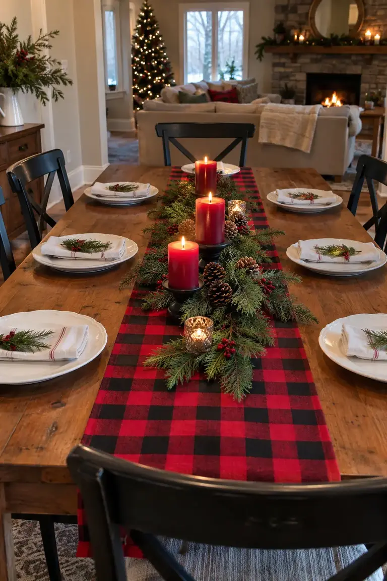 Christmas dining table with a red-and-black buffalo check runner and low greenery