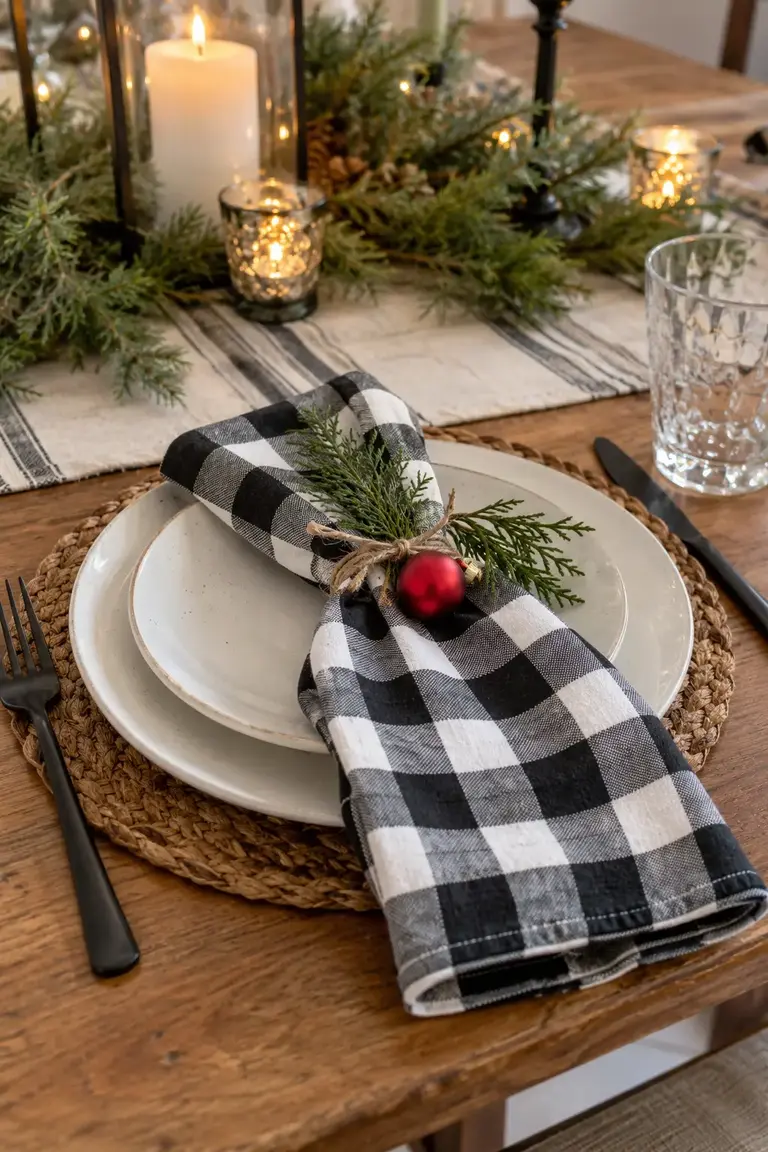 Christmas place setting with a black-and-white buffalo check napkin and cedar sprig