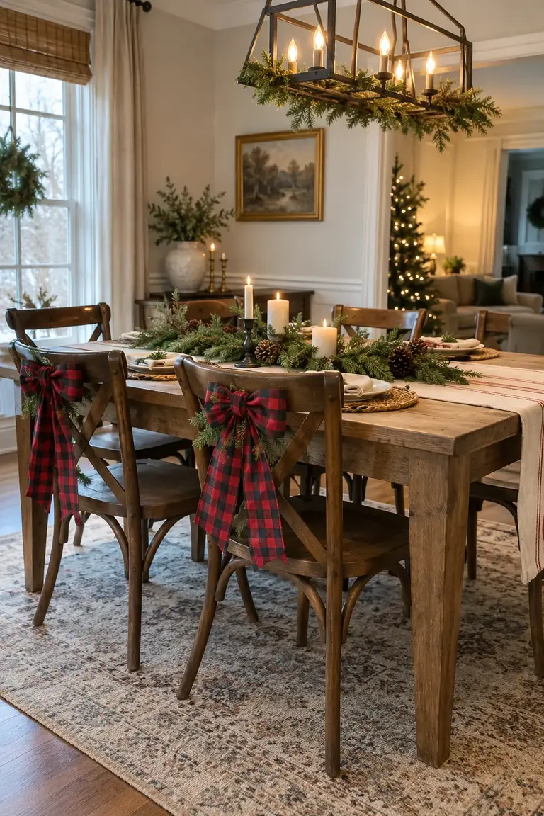 Dining chairs finished with red-and-black buffalo check bows for Christmas