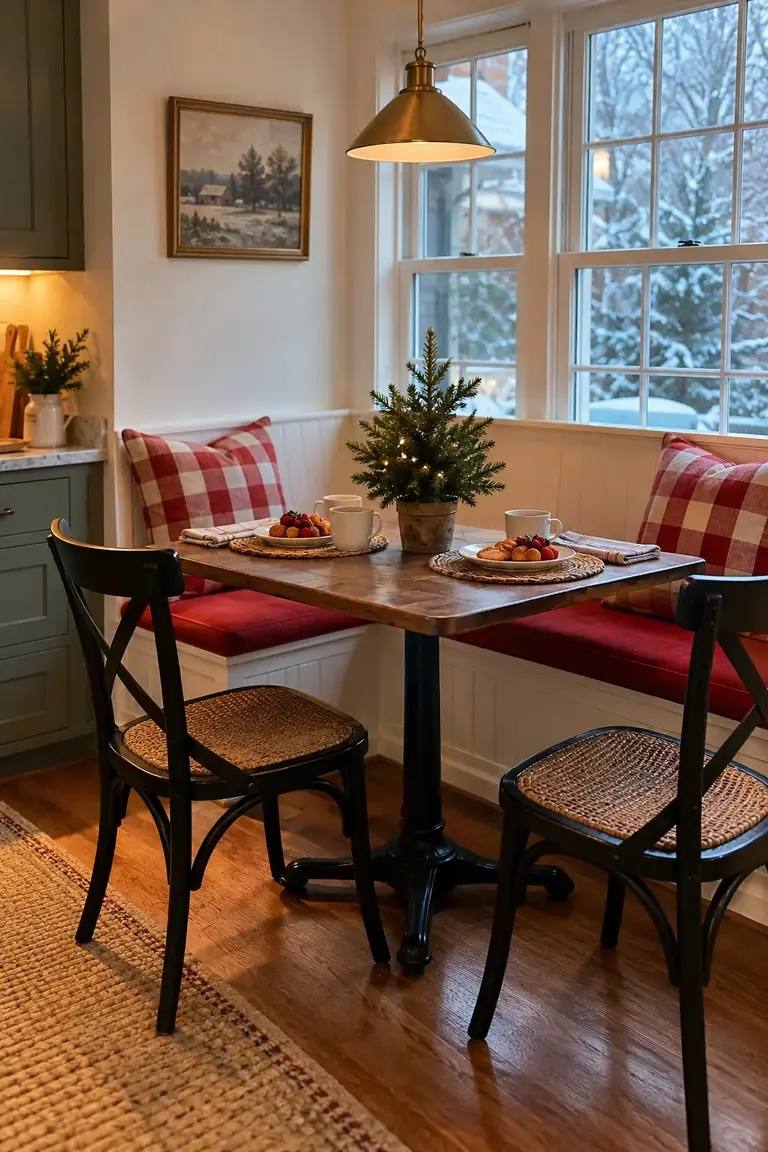 Small breakfast nook with buffalo check pillows, red cushions, and a tabletop tree