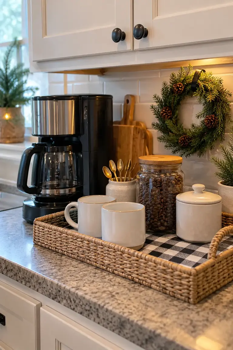 Christmas coffee bar with a buffalo check tray liner and a small evergreen wreath