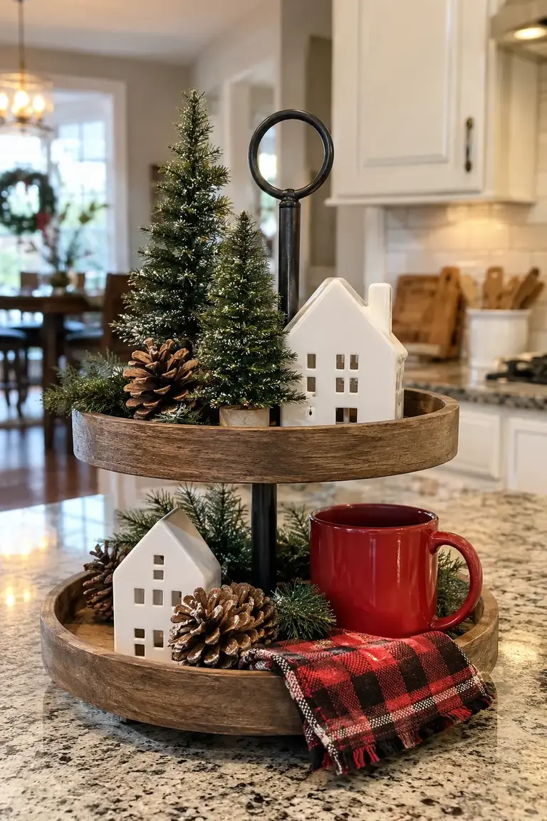 Two-tier kitchen tray with mini trees, ceramic houses, pinecones, and buffalo check fabric