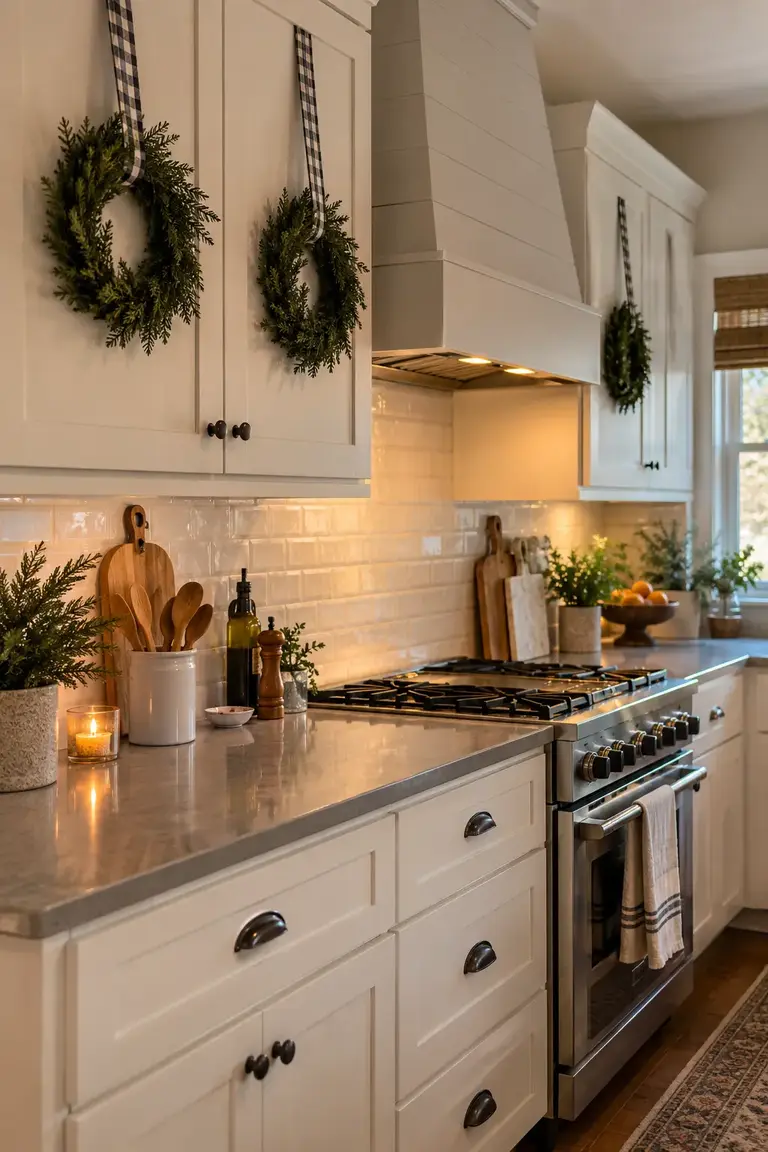 White kitchen cabinets decorated with mini wreaths on narrow buffalo check ribbon