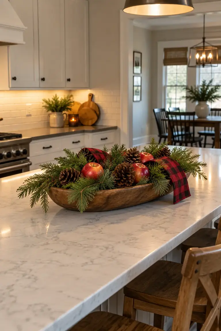 Kitchen island with a low evergreen, apple, pinecone, and buffalo check centerpiece