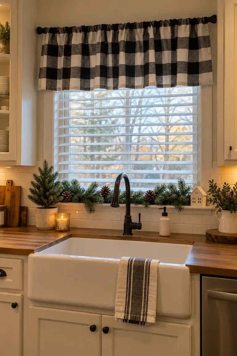 Kitchen sink window with a tailored black-and-white buffalo check valance