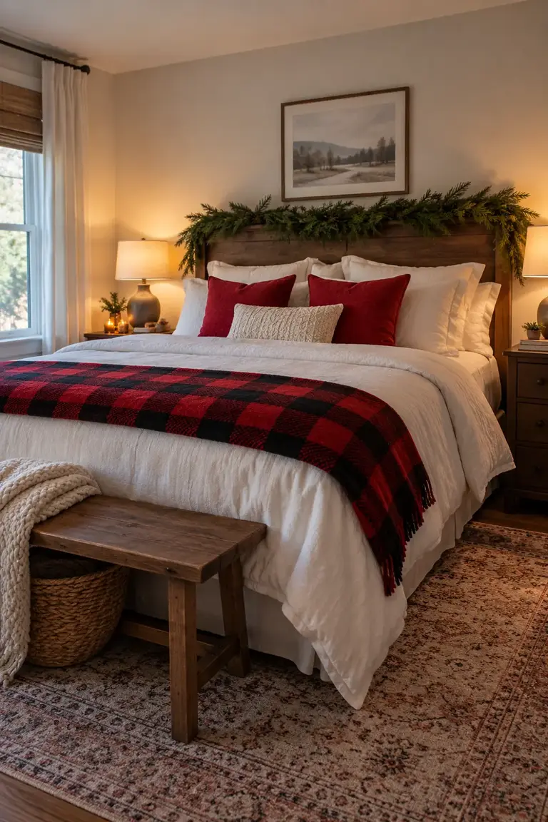 Christmas bedroom with white bedding and a folded red-and-black buffalo check blanket