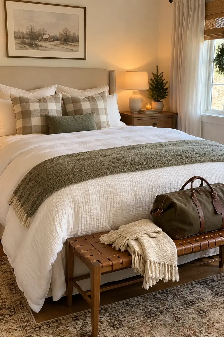 Neutral guest bedroom with cream-and-tan buffalo check shams and a small Christmas tree