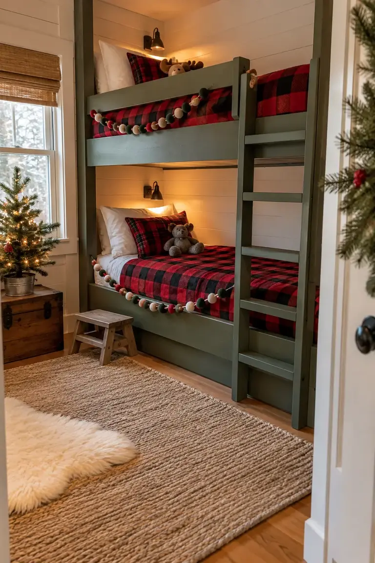 Kids’ bunk room with red-and-black buffalo check blankets and soft Christmas decorations
