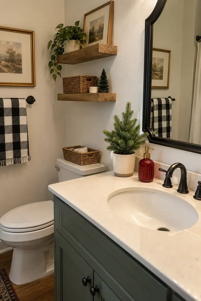 Small guest bathroom with buffalo check hand towels and simple Christmas accents